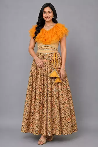 Beige Orange Frill Printed Lehenga Set