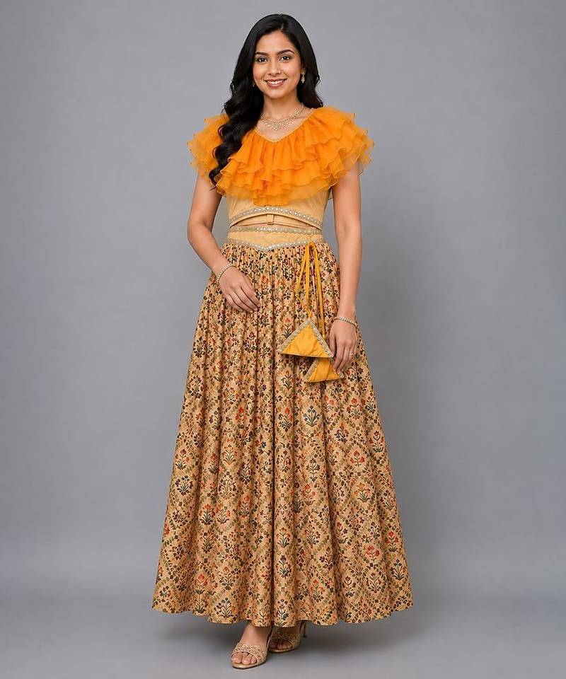 Beige Orange Frill Printed Lehenga Set