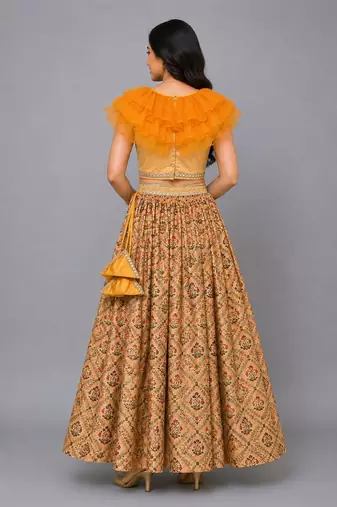 Beige Orange Frill Printed Lehenga Set
