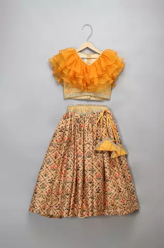 Beige Orange Frill Printed Lehenga Set