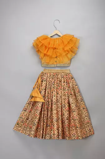 Beige Orange Frill Printed Lehenga Set