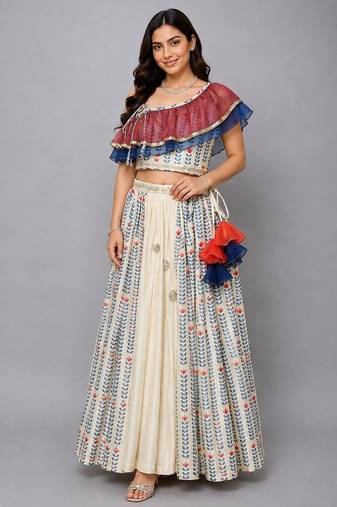 Off White Blue Printed Off Shoulder Ruffled Blouse Lehenga Set