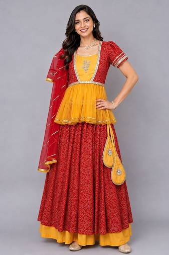Orange Yellow Kurti Lehenga Set