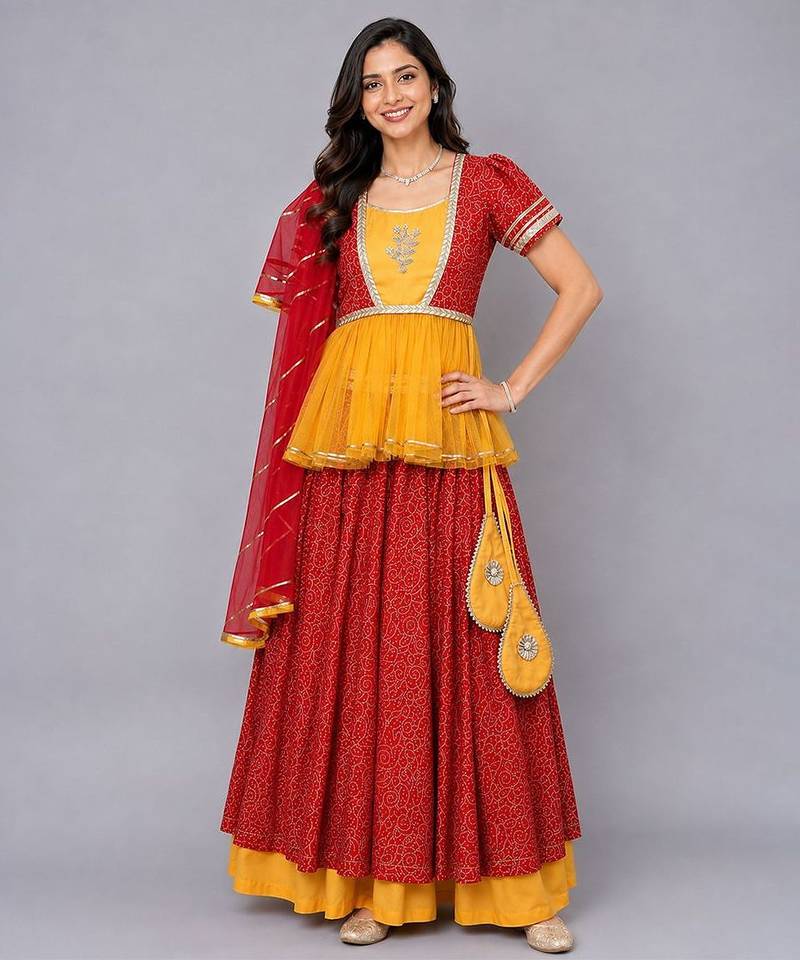 Orange Yellow Kurti Lehenga Set