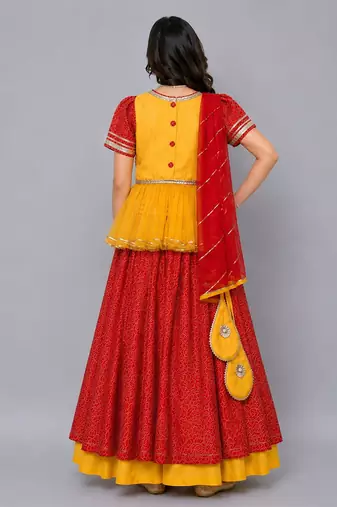 Orange Yellow Kurti Lehenga Set