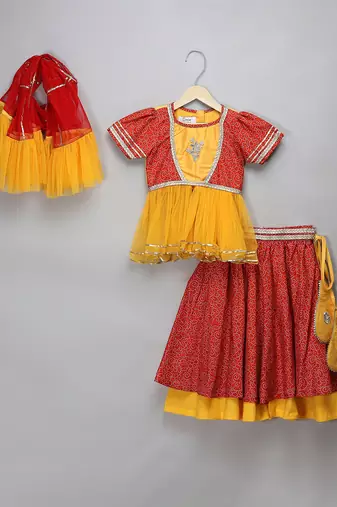 Orange Yellow Kurti Lehenga Set
