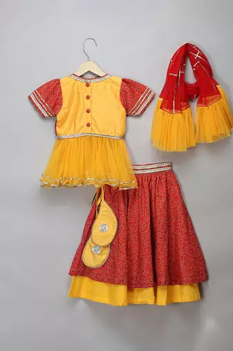 Orange Yellow Kurti Lehenga Set