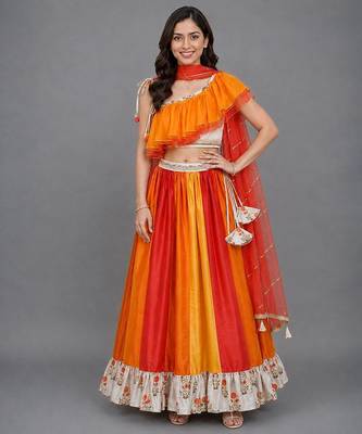 Multicolor Orange Frill Organza Lehenga Set 1