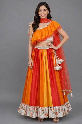 Multicolor Orange Frill Organza Lehenga Set
