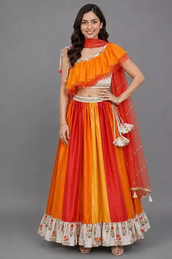 Multicolor Orange Frill Organza Lehenga Set