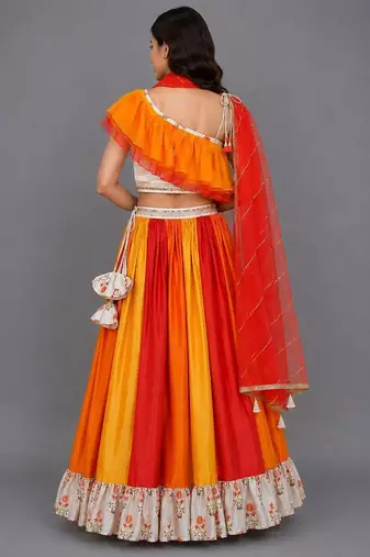 Multicolor Orange Frill Organza Lehenga Set