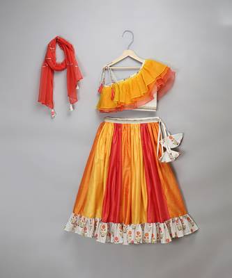 Multicolor Orange Frill Organza Lehenga Set 3