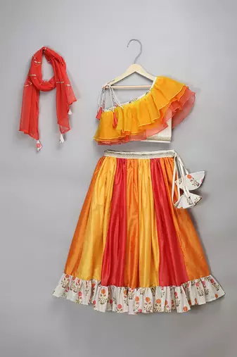 Multicolor Orange Frill Organza Lehenga Set