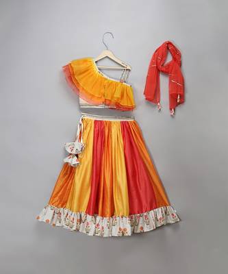 Multicolor Orange Frill Organza Lehenga Set 4