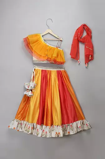 Multicolor Orange Frill Organza Lehenga Set