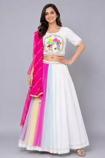 Multicolor Holi Print White Lehenga Set