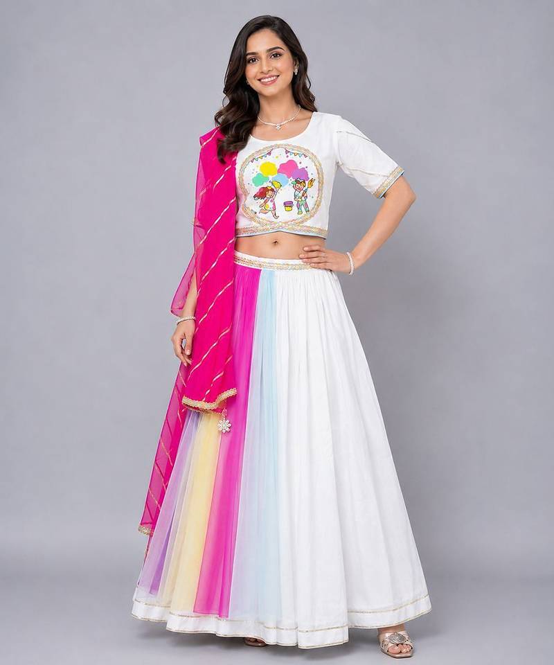 Multicolor Holi Print White Lehenga Set