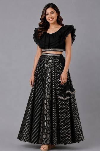 Black Organza Frill Chanderi Lehenga Set
