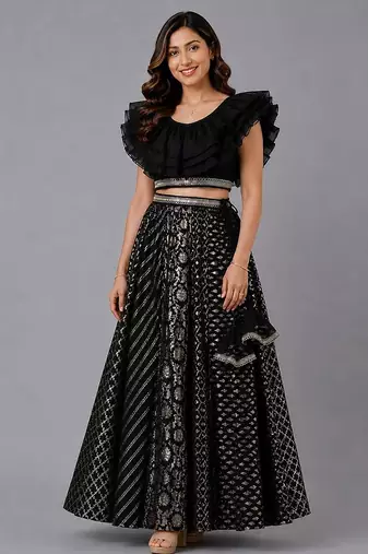 Black Organza Frill Chanderi Lehenga Set