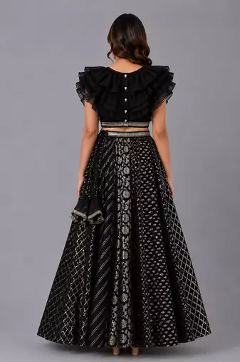 Black Organza Frill Chanderi Lehenga Set