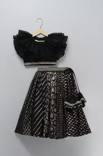 Black Organza Frill Chanderi Lehenga Set
