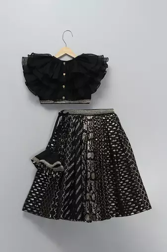 Black Organza Frill Chanderi Lehenga Set
