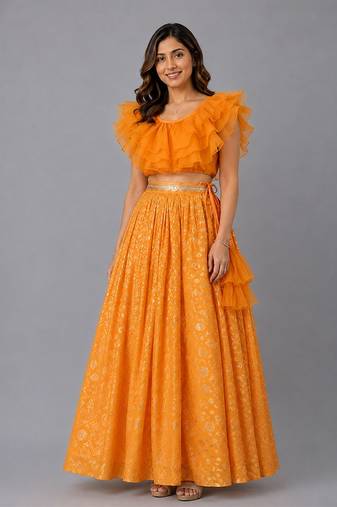 Orange Organza Frill Chanderi Lehenga Set
