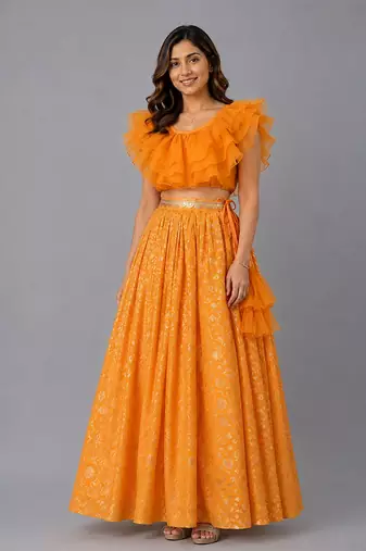 Orange Organza Frill Chanderi Lehenga Set