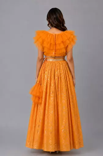 Orange Organza Frill Chanderi Lehenga Set