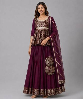 Purple Brocade Kurti Lehenga Set 1