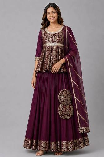 Purple Brocade Kurti Lehenga Set