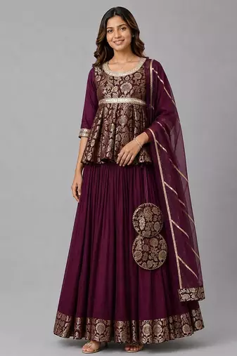 Purple Brocade Kurti Lehenga Set