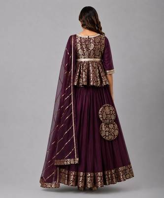 Purple Brocade Kurti Lehenga Set 2