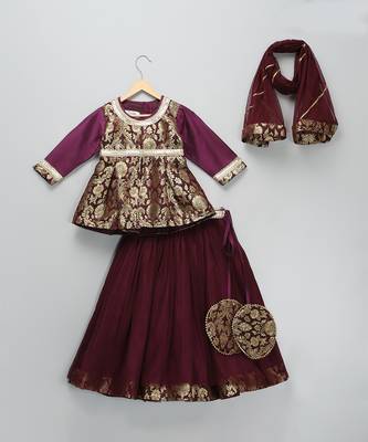 Purple Brocade Kurti Lehenga Set 3
