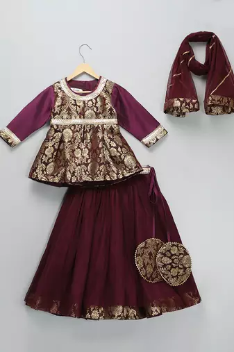 Purple Brocade Kurti Lehenga Set