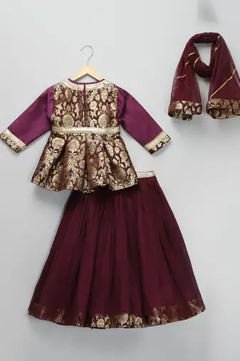 Purple Brocade Kurti Lehenga Set