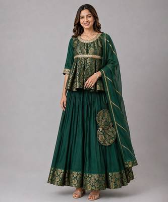 Green Brocade Kurti Lehenga Set 1
