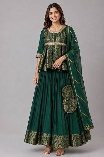 Green Brocade Kurti Lehenga Set