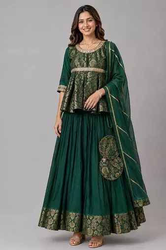 Green Brocade Kurti Lehenga Set