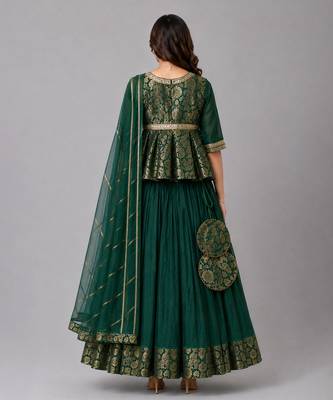 Green Brocade Kurti Lehenga Set 2