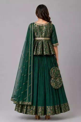 Green Brocade Kurti Lehenga Set