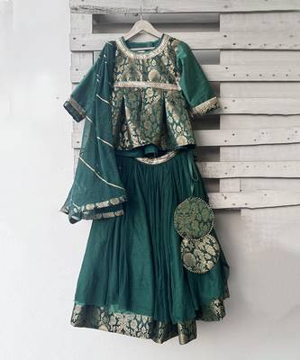 Green Brocade Kurti Lehenga Set 3