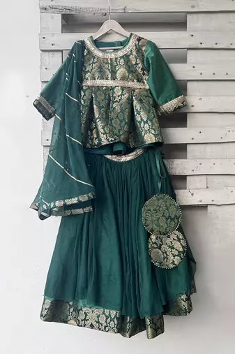 Green Brocade Kurti Lehenga Set
