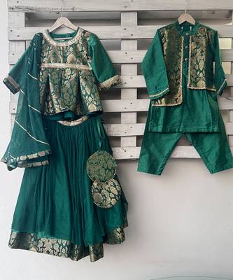 Green Brocade Kurti Lehenga Set 4