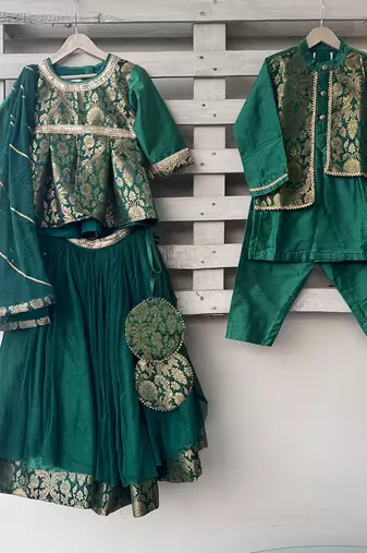 Green Brocade Kurti Lehenga Set