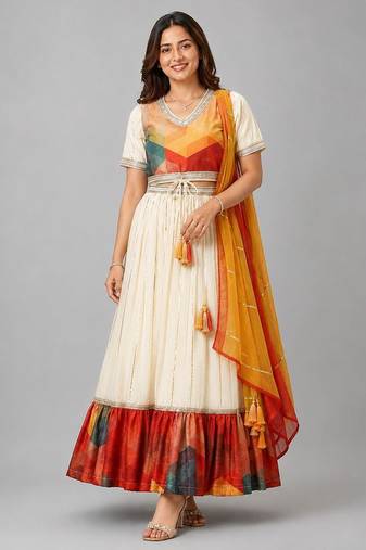 Off White Multicolor Printed Lehenga Set