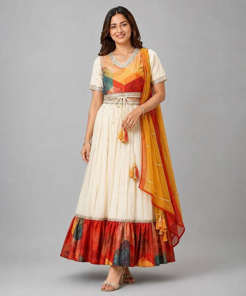 Off White Multicolor Printed Lehenga Set