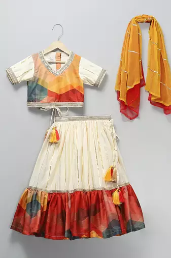 Off White Multicolor Printed Lehenga Set