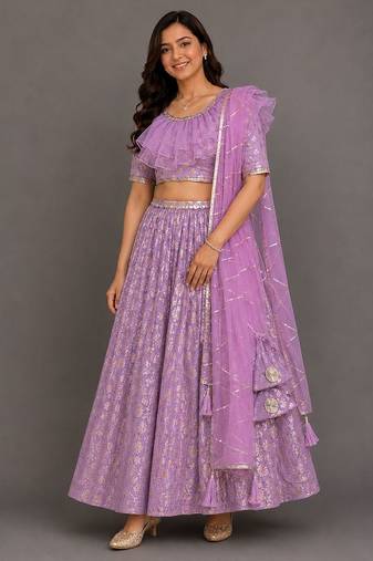 Lavendar Organza Frill Chanderi Lehenga Set
