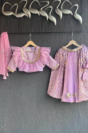 Lavendar Organza Frill Chanderi Lehenga Set